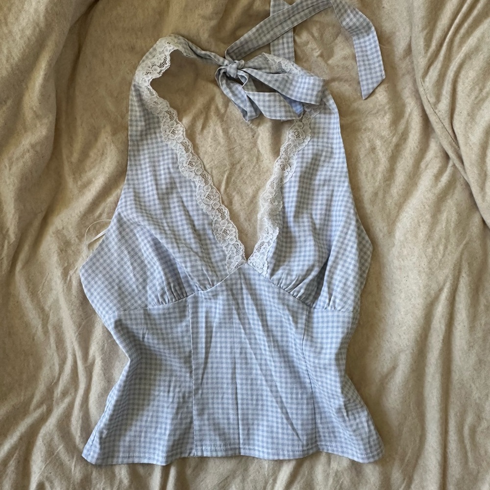 SOLD Garage Lace Trim Halter top Light Blue Gingham